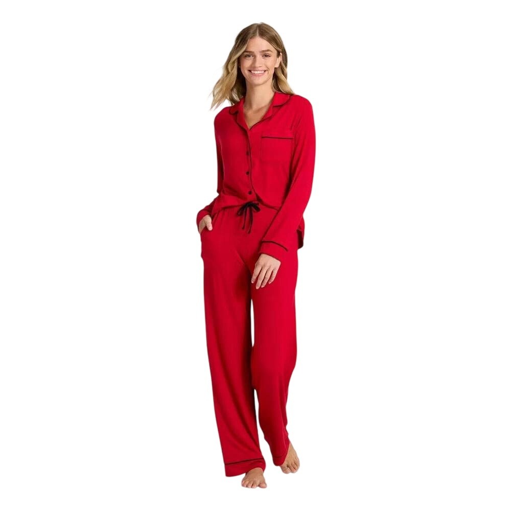 Auden Women's Red Cloud Knit Long Sleeve Collared Pajama Two-Piece Set Size XXL